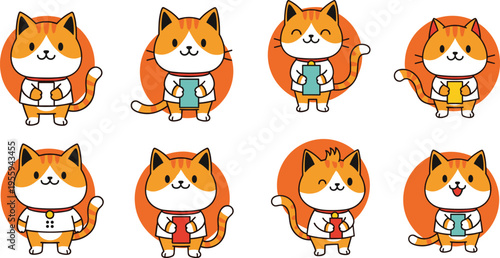 Cute Cartoon Cat Illustration Set with Orange Kittens Holding Cups in Different Poses for Stickers, Social Media, Kids Design, and Mascot Use