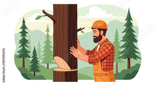 Lumberjack man cutting tree with axe in forest landscape illustration