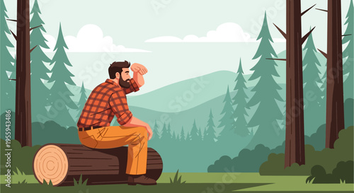Illustration of a lumberjack sitting on a tree trunk in a forest