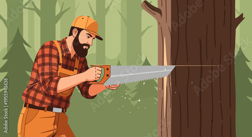 Lumberjack in orange uniform cutting tree with handsaw