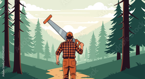 illustration of lumberjack carrying chainsaw through forest