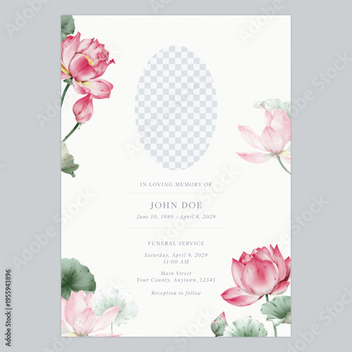 Minimalist funeral invitation featuring watercolor-style pink lotus flowers and an oval photo placeholder on a soft pale cream background