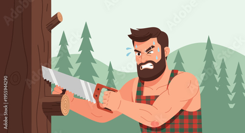 cartoon lumberjack man sawing tree with handsaw