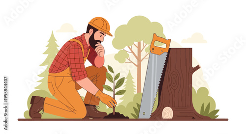 Lumberjack kneeling beside tree stump with handsaw illustration