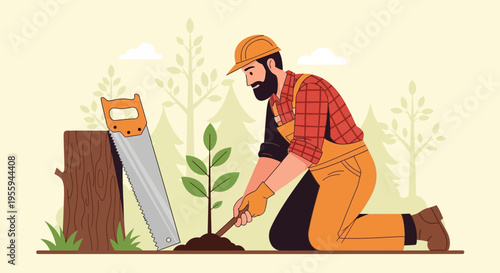 Man planting tree next to chainsaw and stump illustration