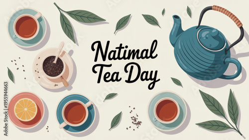 National tea day celebration with teapot and cups of tea on a beige background with leaves