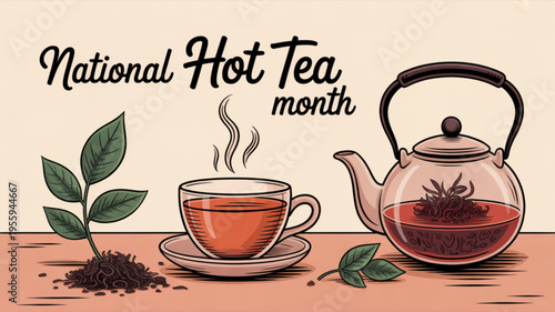 National hot tea month illustration with steaming cup and teapot on table