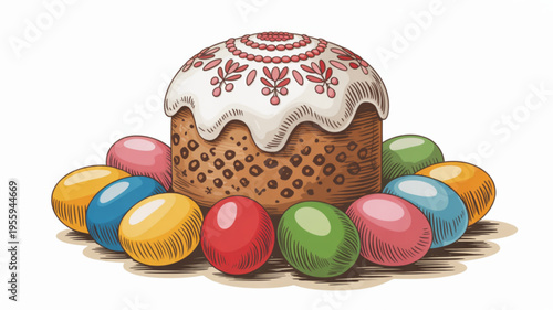 Traditional easter cake with colorful eggs on white background holiday dessert and decoration