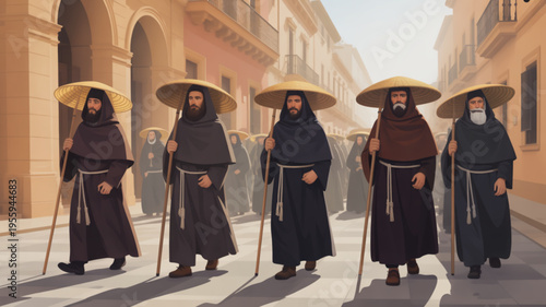 Monks in traditional robes and conical hats walking down a historic street with ancient buildings