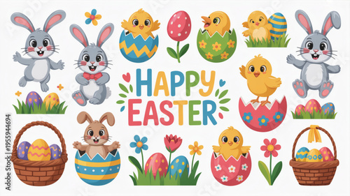 Colorful easter decorations with bunnies chicks eggs and baskets on white background for spring holiday