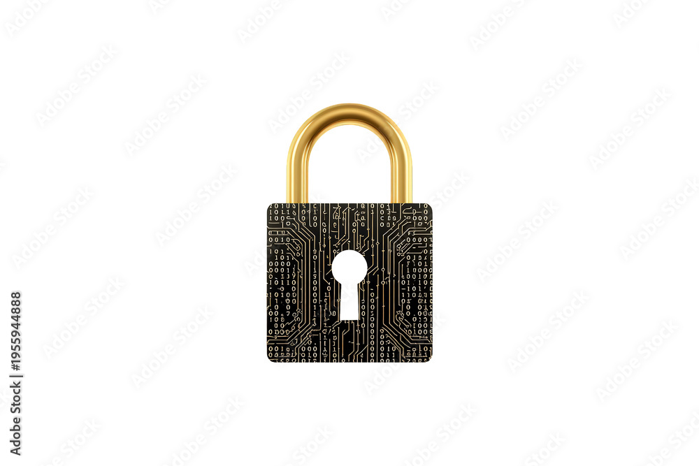 Fototapeta premium Cybersecurity padlock representing digital data protection and internet privacy with circuit board pattern and binary code