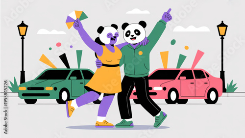 Panda couple celebrating with colorful confetti in city street with cars and street lamps joyful atmosphere with vibrant colors