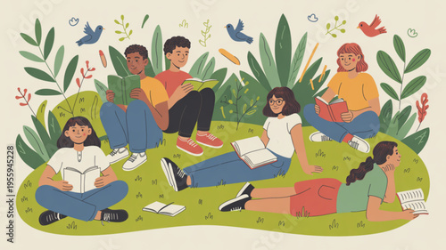Diverse group of young adults reading books together outdoors in a park with lush greenery and vibrant flowers on a sunny day