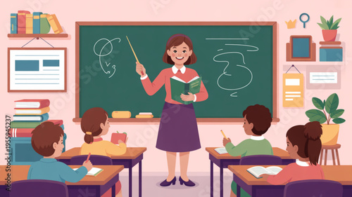 Female teacher standing in front of a classroom with students sitting at desks teaching with a pointer and book in hand