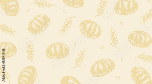 Artisan Sourdough Bread and Wheat Vector Background Pattern, Rustic Hand-Drawn Sketch Style Bakery Illustration, Organic Loaves Line Art Doodle Backdrop Design
