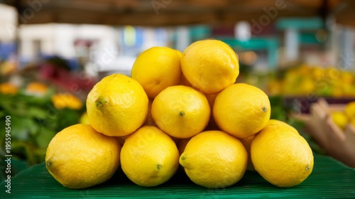 Fresh and Vibrant Yellow Lemons Stacked on a Market Table Surrounded by Fresh Produce in a Bright and Colorful Outdoor Farmer's Market Setting