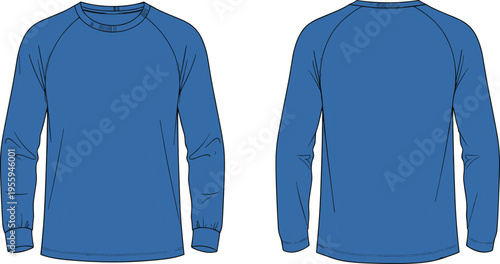 Technical fashion illustration of long-sleeve shirt showing front and back views with crew neckline, raglan sleeves, stitched cuffs and hem, symbolizing apparel design, garment construction,