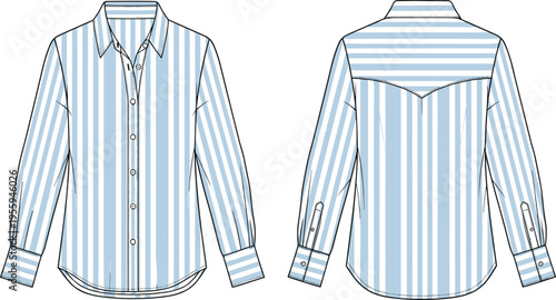 Technical fashion illustration of long‑sleeved button‑up shirt with vertical blue and white stripes, showing front and back views, collar, cuffs, yoke, and tailored seams.