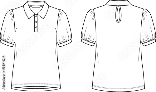 Technical fashion illustration of women’s short‑sleeved blouse with collar, button placket, puffed sleeves, cuffs, and back keyhole opening, garment design for apparel construction projects.