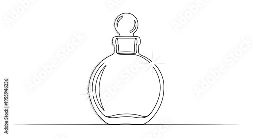 Elegant perfume bottle, minimalist sketch with sparkling highlights, isolated on white