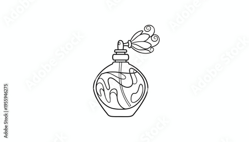 Elegant Perfume Bottle with Swirling Liquid and Floral Accent - Line Art