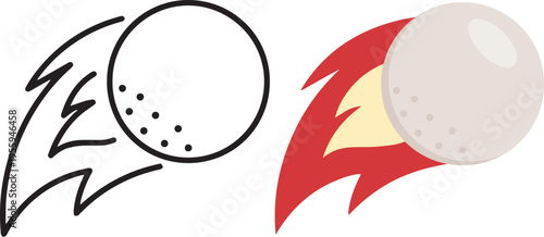 Fast flying golf ball with fire flame icons set, vector.