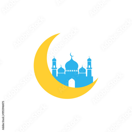 Mosque Silhouette in the Crescent Moon Symbol Illustration