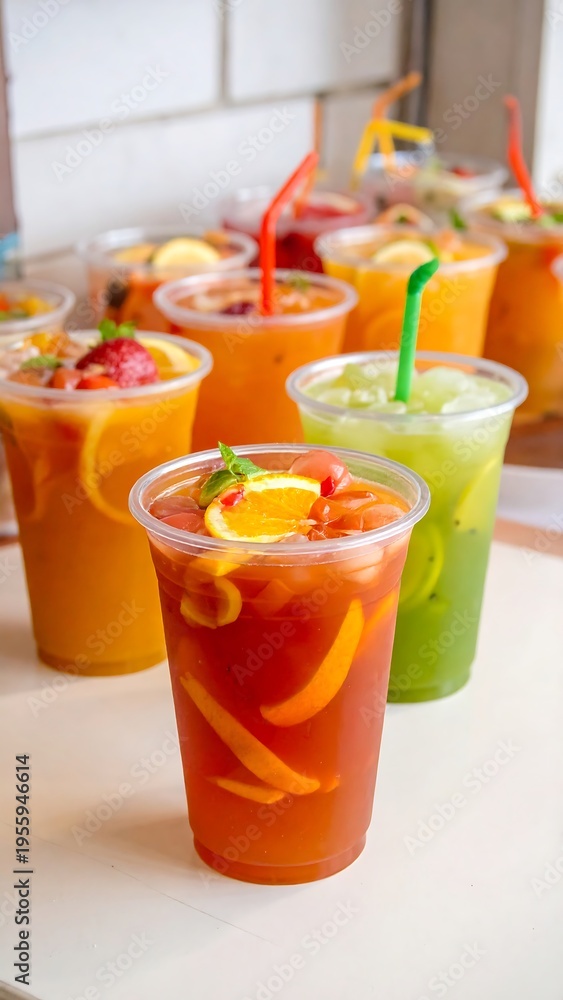 Fototapeta premium A colorful array of refreshing drinks with straws and fruit