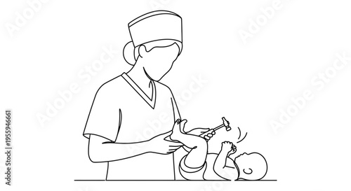 Doctor examining baby's knee reflex with reflex hammer, line drawing illustration
