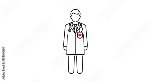 Doctor Icon with Heart Symbol on Chest - Medical Professional Line Art