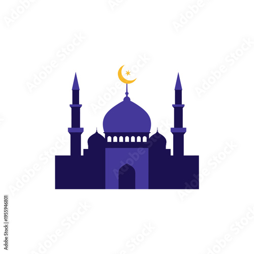 Mosque Illustration in Blue Silhouette Style with Moon