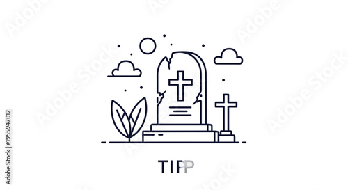 Cemetery Tombstone and Cross Icon, Funeral, Death, RIP, Grief, Mourning, Halloween, Spooky