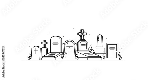 Cemetery graveyard tombstone line art illustration, funeral, death, memorial, eternal rest concept