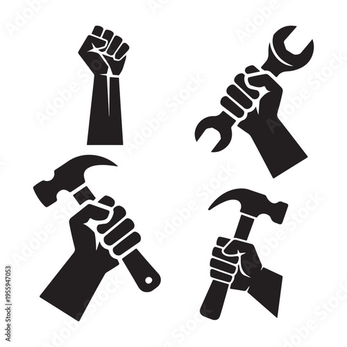 Raised Worker Fist Tools Black Silhouette