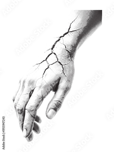 A grayscale image depicting a human hand dramatically cracking and breaking apart