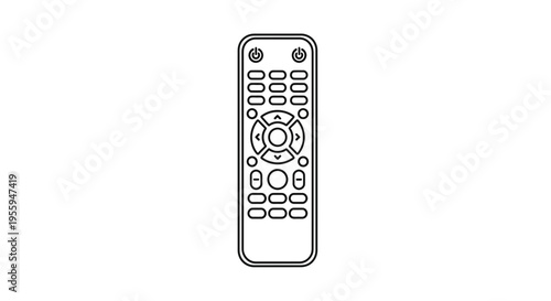 Black and white outline illustration of a modern remote control with buttons