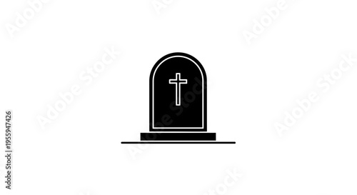 Black Silhouette of a Tombstone with a Cross Icon on a White Background