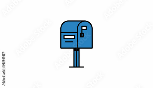 Blue Mailbox with Flag Up, Isolated on White Background, Postal Service Icon