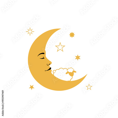 Crescent Moon with Sheep Silhouette Sleeping Face Design