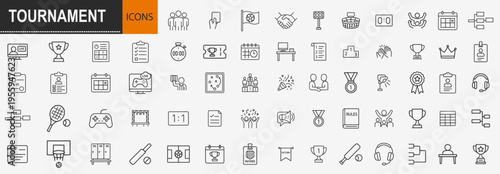 Tournament and sports competition icons set, outline symbols for championship trophy game scoring team ranking and athletic event scheduling vector illustration