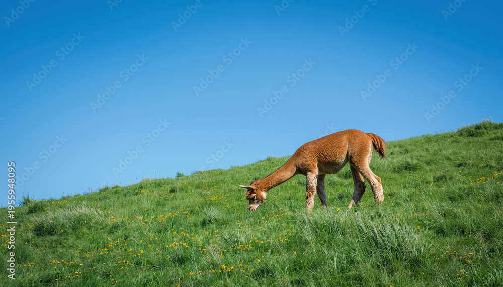 Fototapeta premium Alpaca grazing on green hillside pasture under clear blue sky, peaceful outdoor scene