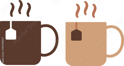 Two mugs of hot tea with tea bags, flat vector illustration of brown and tan cups with steam isolated on white background