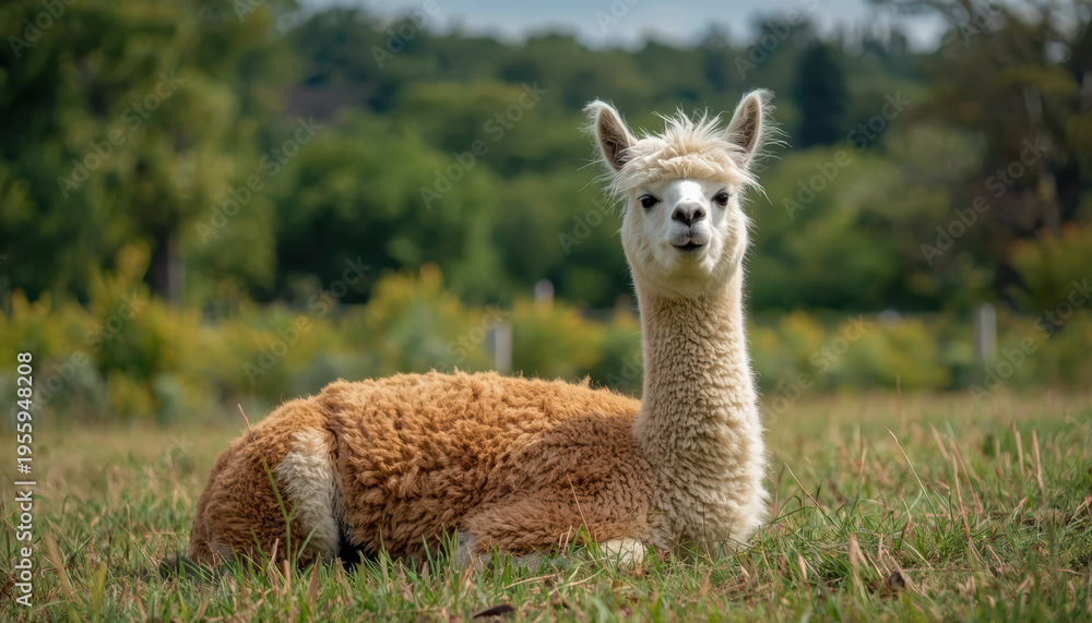 Obraz premium Alpaca resting in grassy field with calm expression, soft fleece and natural scenery