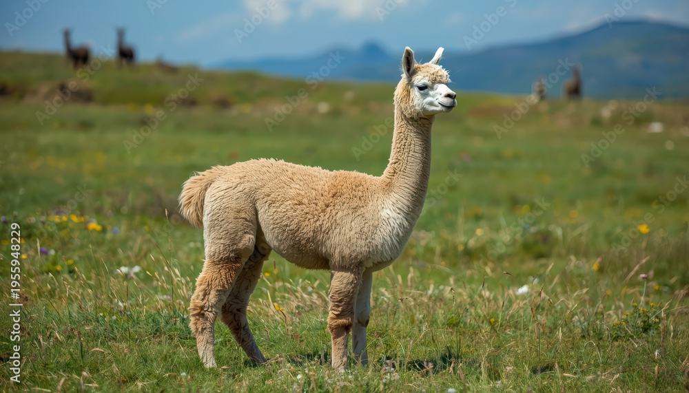 Obraz premium Young alpaca standing calmly in meadow with distant mountains and wildflowers