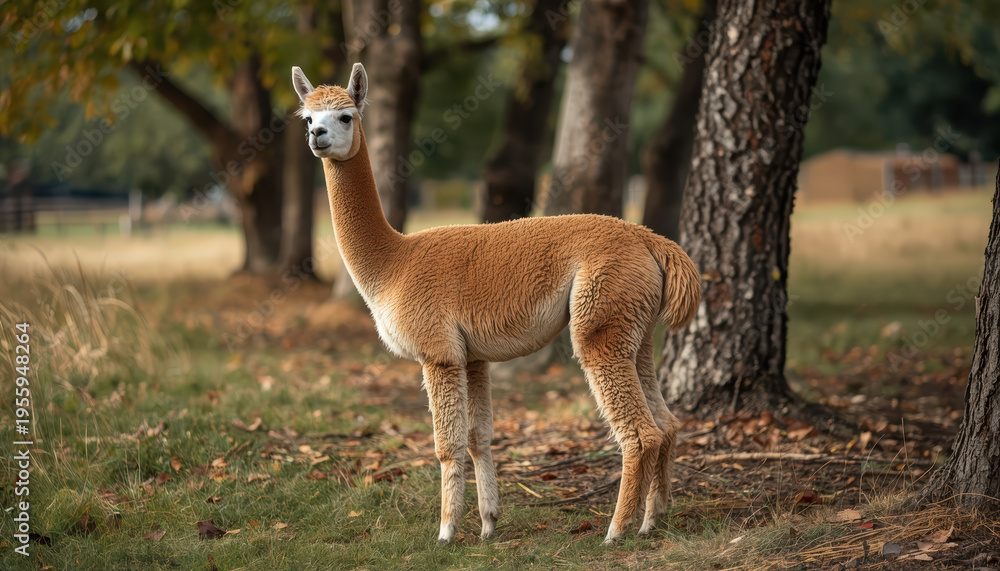 Naklejka premium Young alpaca standing in rural pasture with trees and soft autumn light