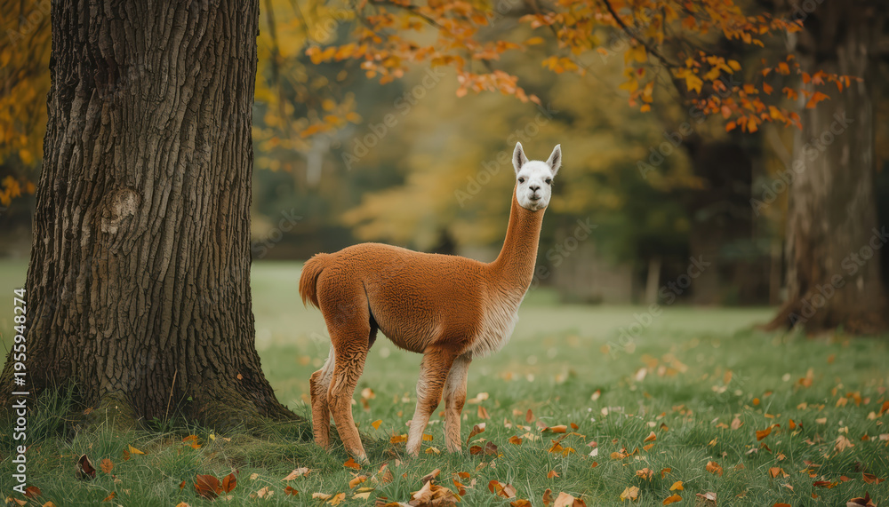 Obraz premium Autumn alpaca standing near tree in calm rural park with warm light