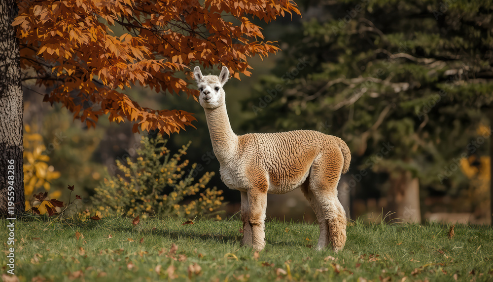 Naklejka premium Alpaca standing in autumn field beneath orange leaves, calm rural scene