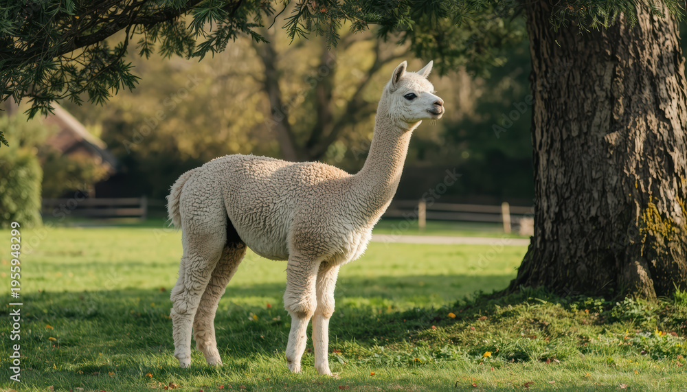Fototapeta premium Alpaca, animal, wool, pasture, tree