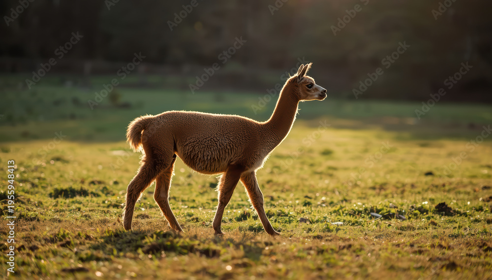 Obraz premium Young alpaca walking across sunlit grassy field at golden hour
