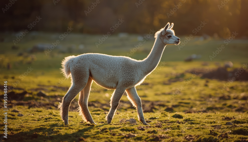 Obraz premium White alpaca walking across grassy field at golden hour with warm light